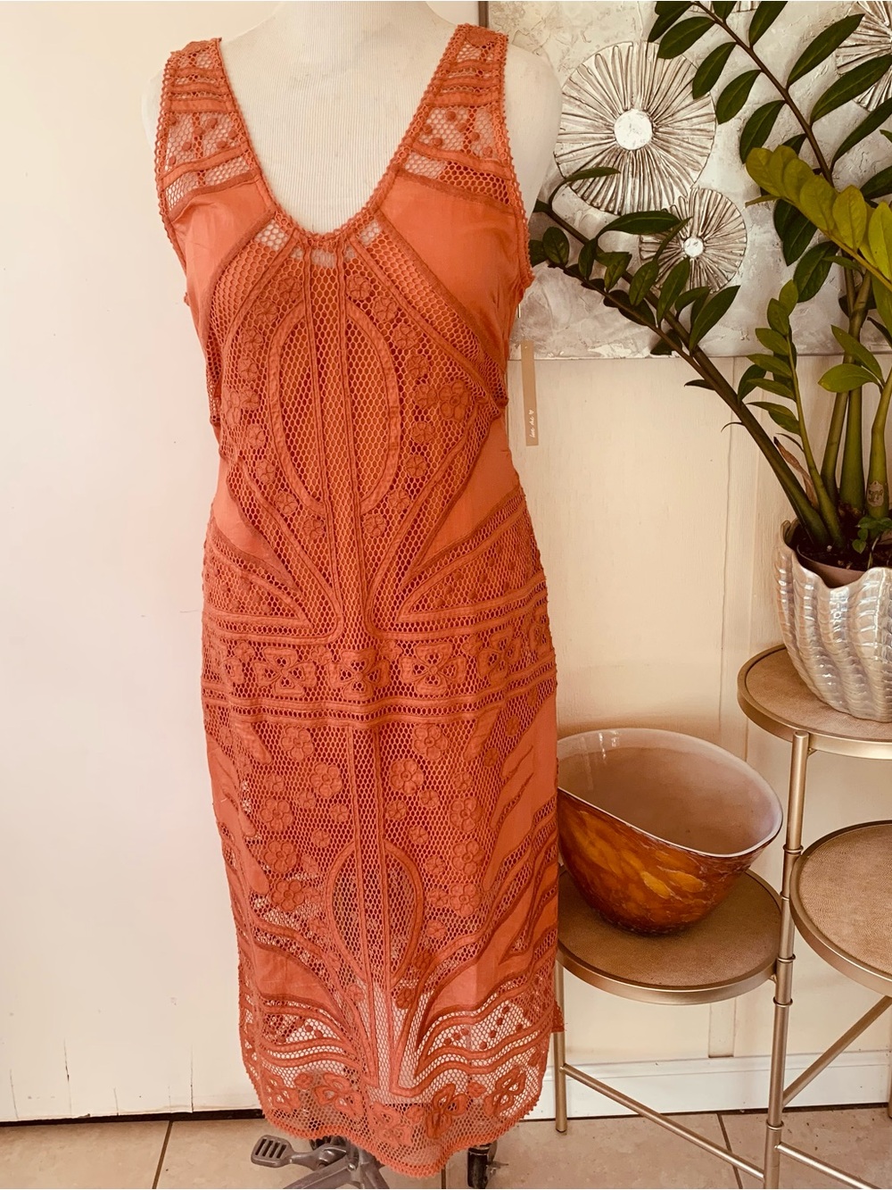 Women's Coral Lace Midi Dress